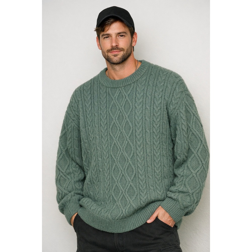 Aelfric Eden Mens XXL Green Cable Knit Crew Neck‎ Sweater Chunky Knit Fisherman